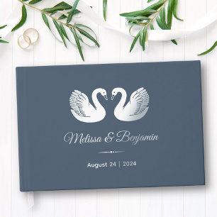 Silver Foil Swans on Blue Wedding Guest Book