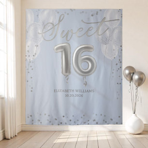Silver Foil Sweet 16 Balloons Blue Backdrop Tapestry