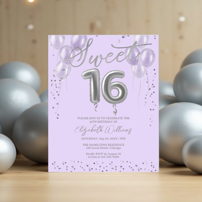 Silver Foil Sweet 16 Balloons Budget Invitations (Creator Uploaded)