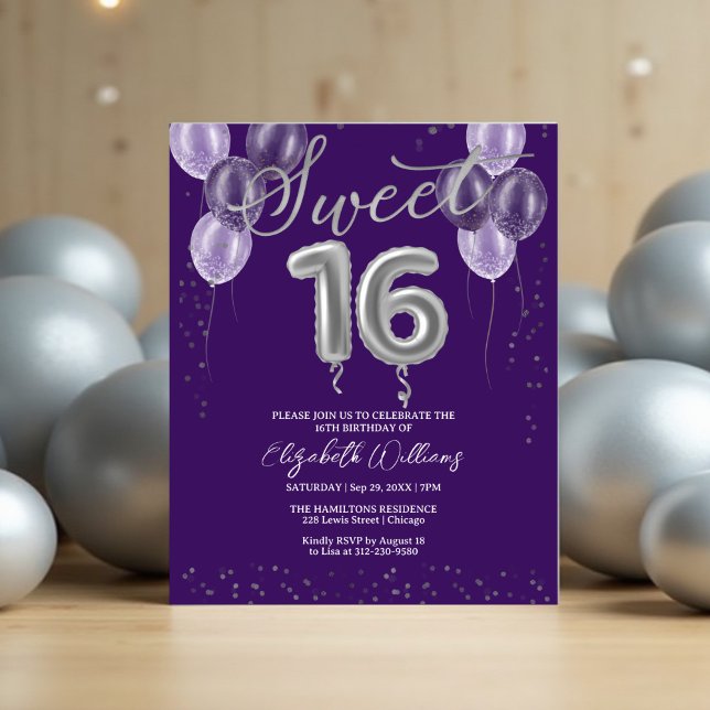 Silver Foil Sweet 16 Balloons Budget Invitations (Creator Uploaded)