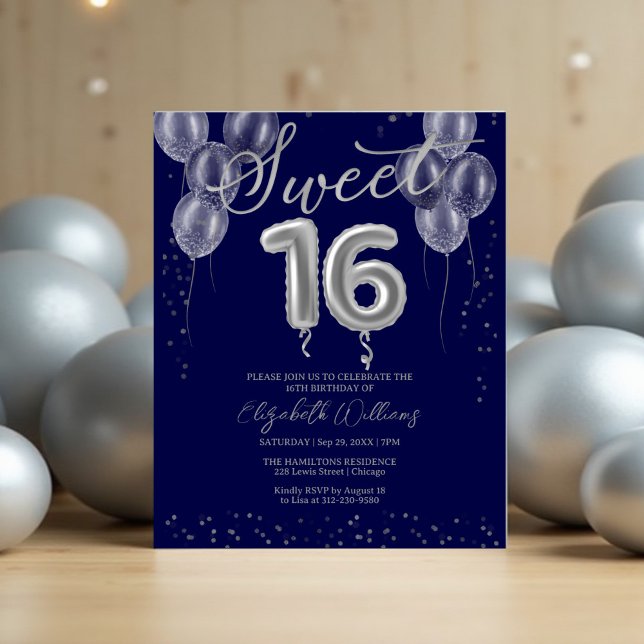 Silver Foil Sweet 16 Balloons Budget Invitations (Creator Uploaded)