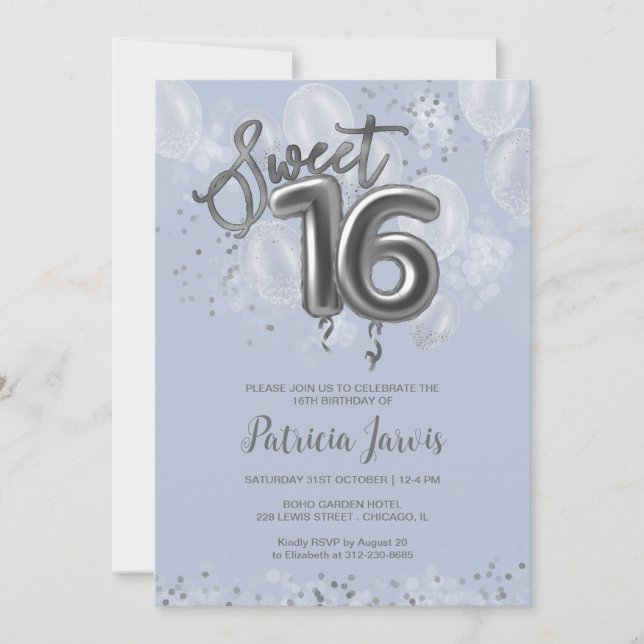 Silver Foil Sweet 16 Balloons Party Dusty Blue Invitation (Front)