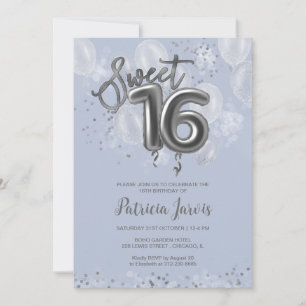 Silver Foil Sweet 16 Balloons Party Dusty Blue Invitation