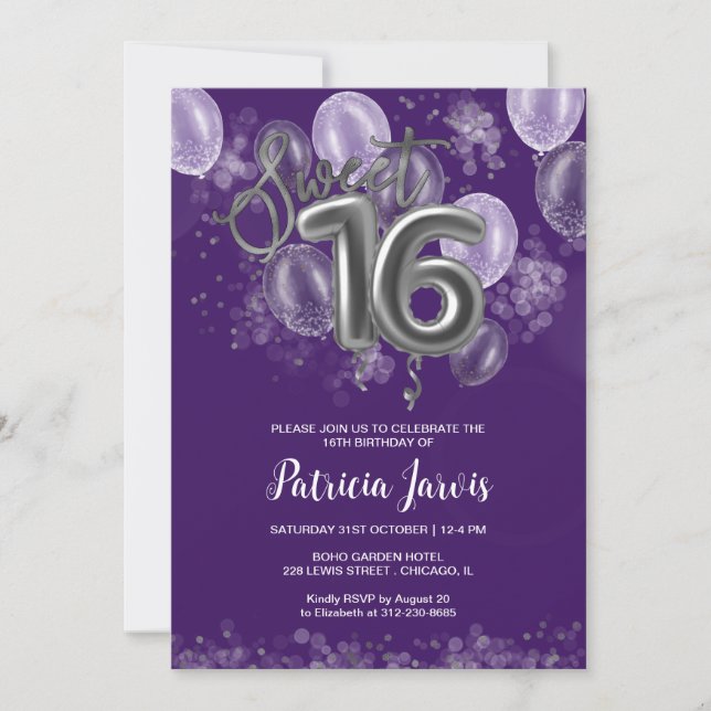 Silver Foil Sweet 16 Balloons Party Purple Invitation (Front)