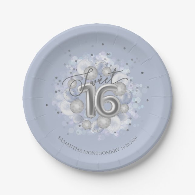 Silver Foil Sweet 16 Bday Balloons Dusty Blue Paper Plate (Front)