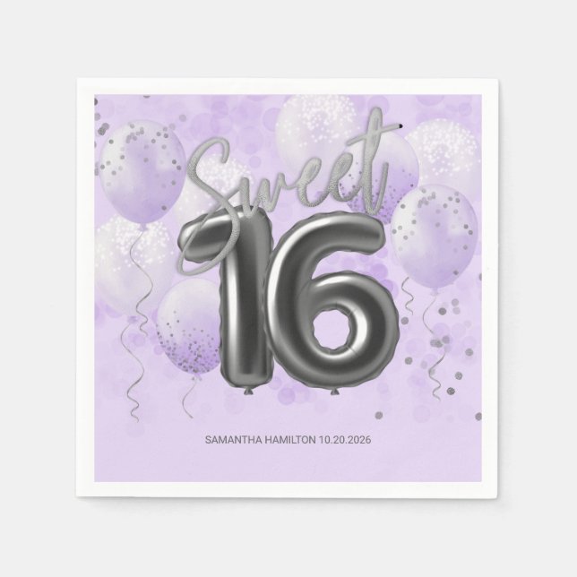  Silver Foil Sweet 16 Bday Balloons Lavender Napki Napkin (Front)