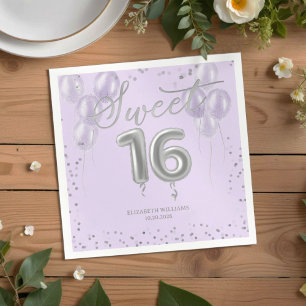 Silver Foil Sweet 16 Bday Balloons Party Lavender  Napkin
