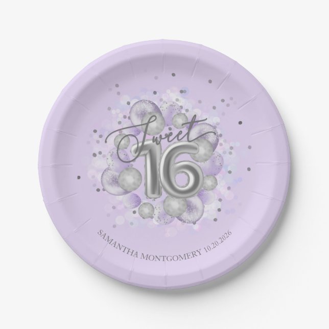 Silver Foil Sweet 16 Bday Balloons Party Lavender Paper Plate (Front)