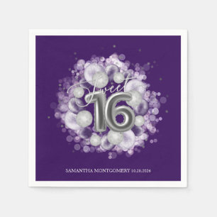 Silver Foil Sweet 16 Bday Balloons Party Purple Napkin