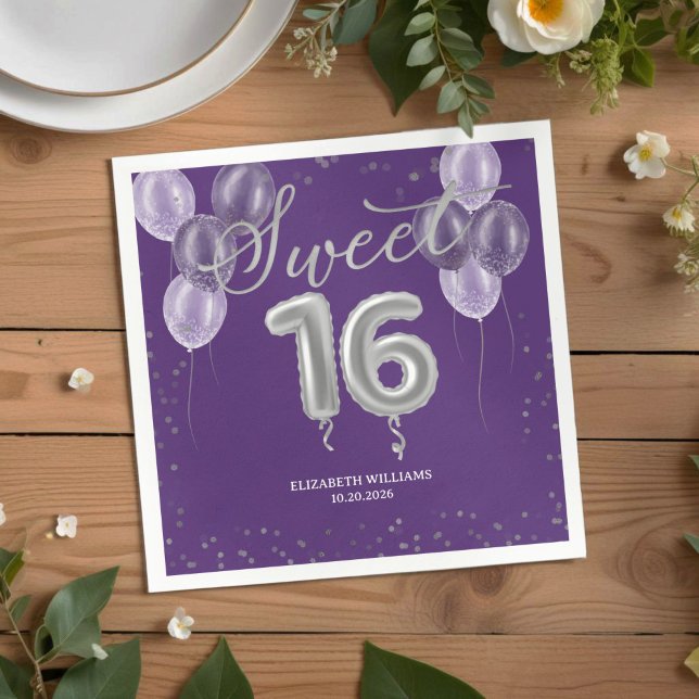 Silver Foil Sweet 16 Bday Balloons Party Purple Napkin (Creator Uploaded)