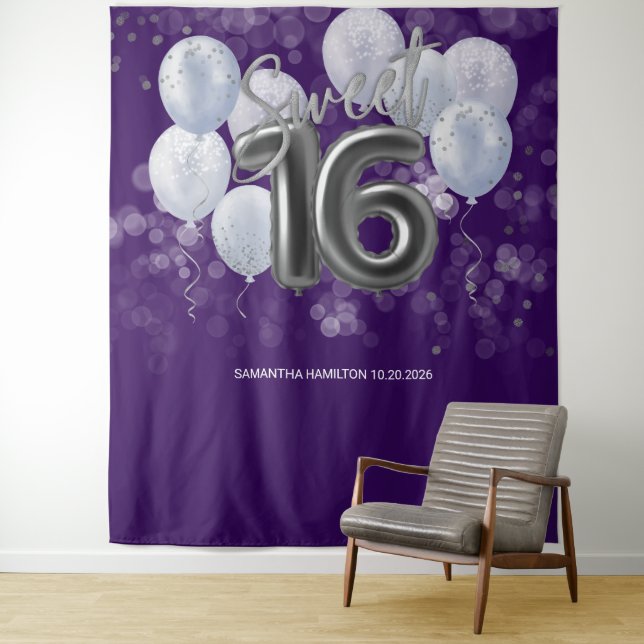 Silver Foil Sweet 16 Bday Balloons Purple Backdrop Tapestry (In Situ)