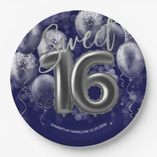 Silver Foil Sweet 16 Bday Balloons Royal Blue Paper Plate