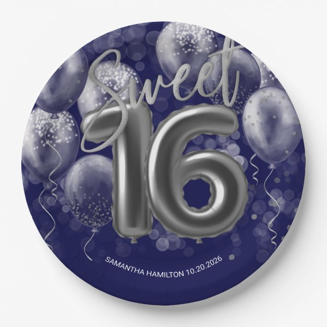 Silver Foil Sweet 16 Bday Balloons Royal Blue Paper Plate (Front)