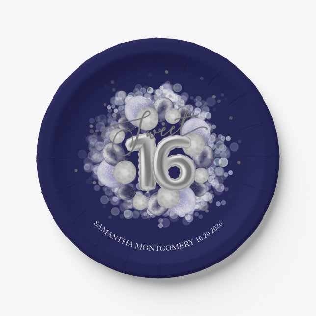 Silver Foil Sweet 16 Bday Balloons Royal Blue Paper Plate (Front)