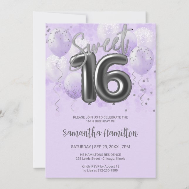 Silver Foil Sweet 16 Birthday Balloons Lavender Invitation (Front)