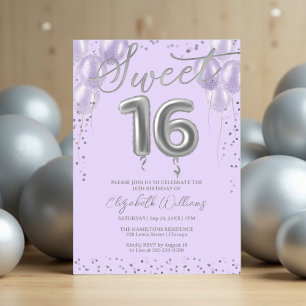 Silver Foil Sweet 16 Birthday Balloons Lavender Invitation