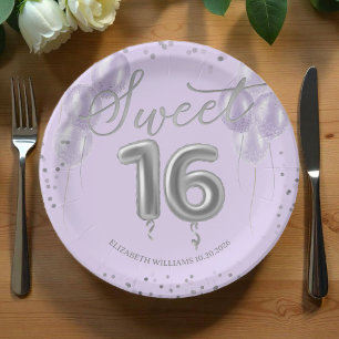 Silver Foil Sweet 16 Birthday Balloons Lavender Paper Plate