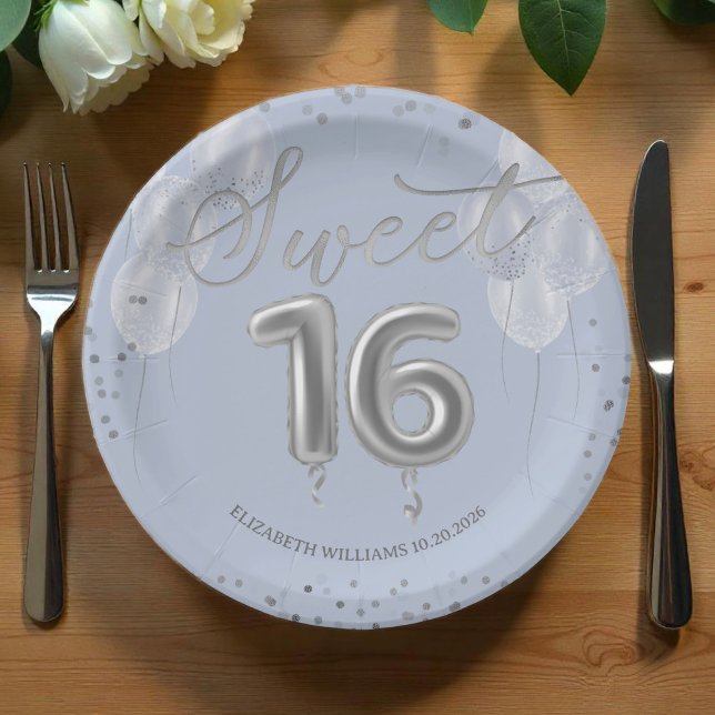 Silver Foil Sweet 16 Birthday Balloons Party Blue  Paper Plate (Creator Uploaded)