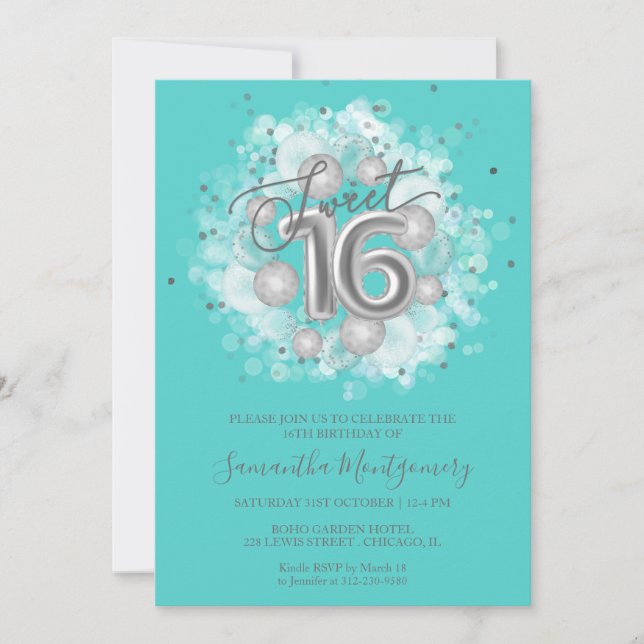 Silver Foil Sweet 16 Birthday Balloons Party Teal Invitation (Front)