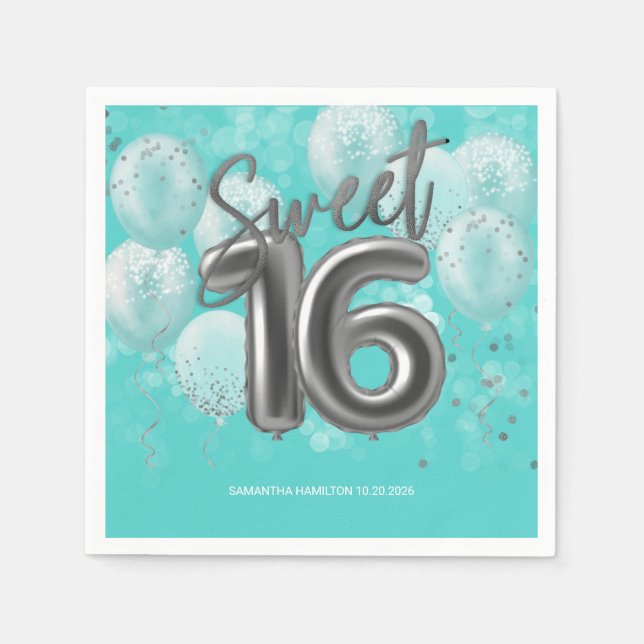 Silver Foil Sweet 16 Birthday Balloons Party Teal Napkin (Front)