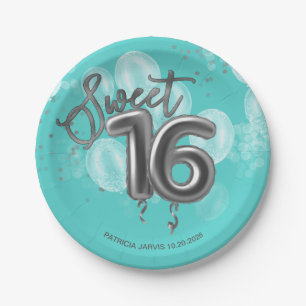 Silver Foil Sweet 16 Birthday Balloons Party Teal Paper Plate