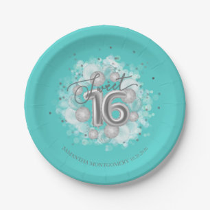 Silver Foil Sweet 16 Birthday Balloons Party Teal Paper Plate