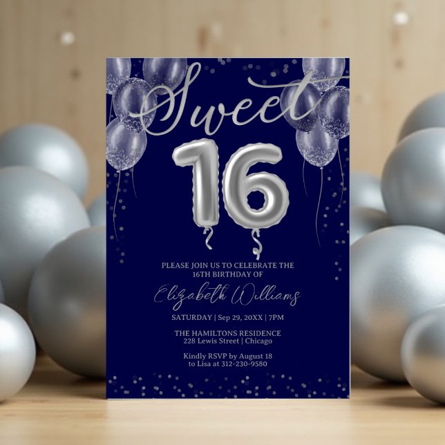Silver Foil Sweet 16 Birthday Balloons Royal Blue Invitation (Creator Uploaded)