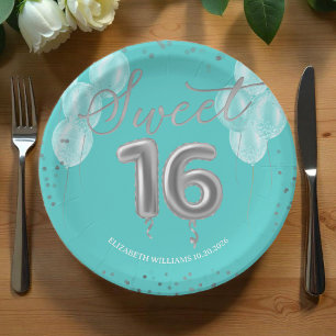 Silver Foil Sweet 16 Birthday Balloons Royal Teal  Paper Plate
