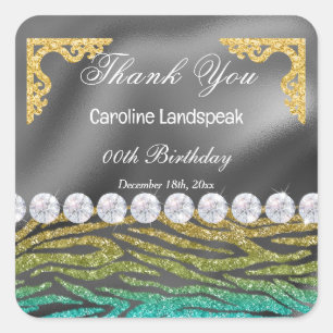 Silver Foil, Teal Glitter Zebra Print Birthday Square Sticker