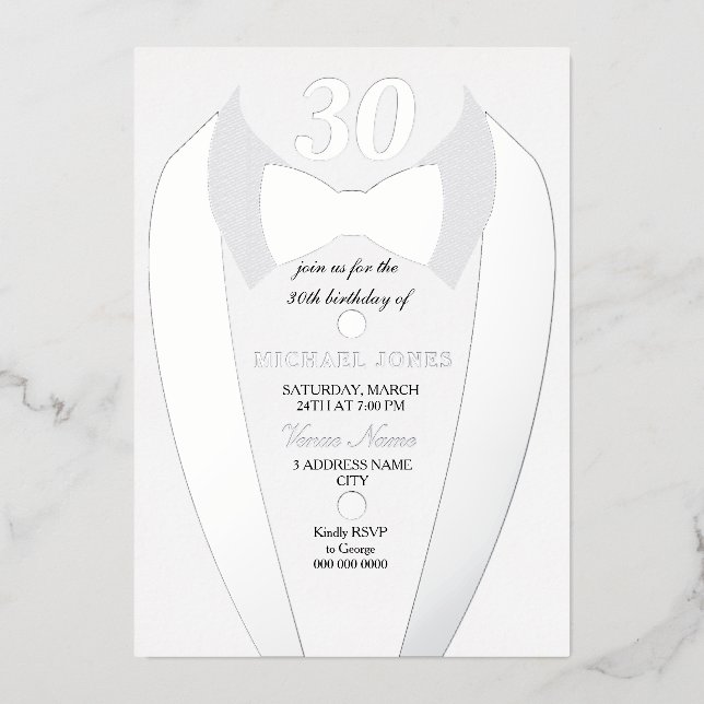 Silver Foil Tuxedo Suit Mens 30th Birthday Party (Front)