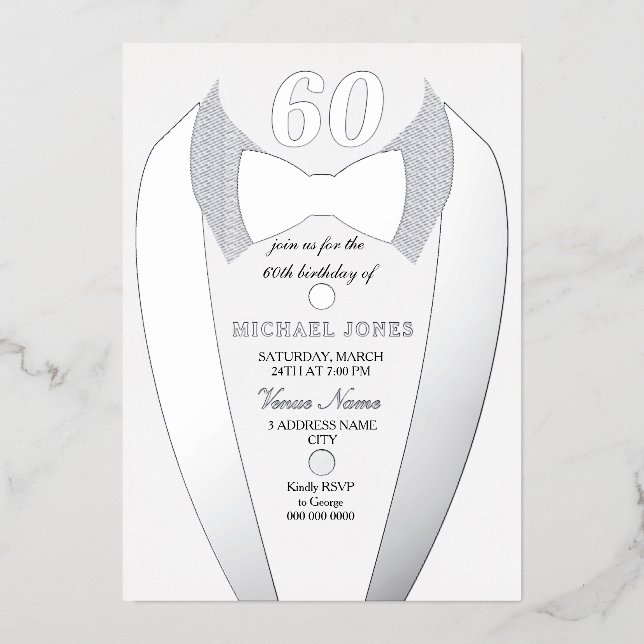 Silver Foil Tuxedo Suit Mens 60th Birthday Party (Front)