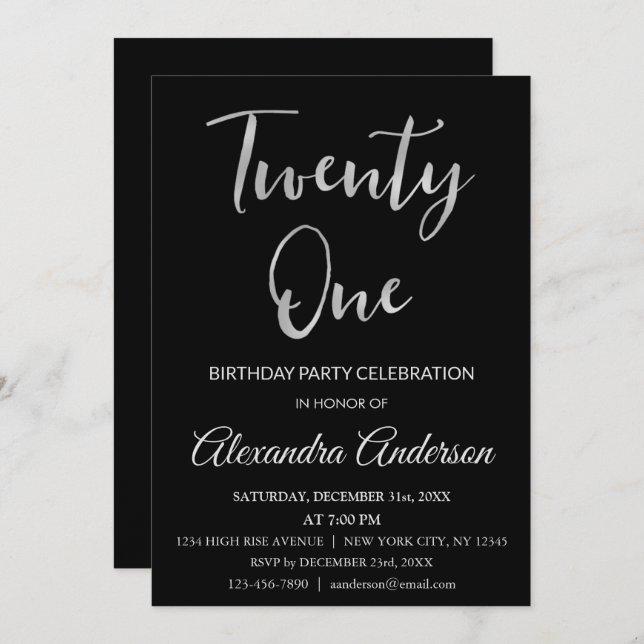Silver Foil Twenty One 21st Birthday Invitation (Front/Back)