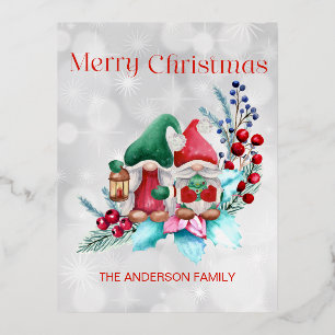 Silver Foil Watercolor Christmas Gnomes Foil Holiday Postcard