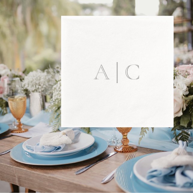 Silver Foil White Wedding Modern Monogram Foil Napkins (Creator Uploaded)