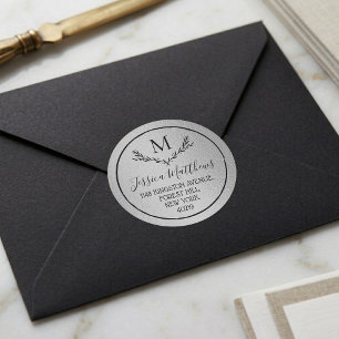 Silver Foil Wreath Custom Monogram Return Address Classic Round Sticker