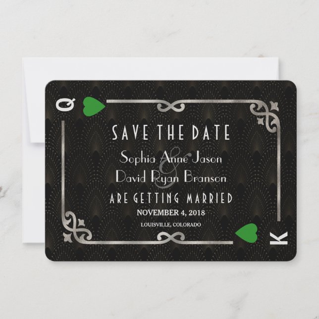 Silver Forest Green Casino Las Vegas Poker Wedding Save The Date (Front)