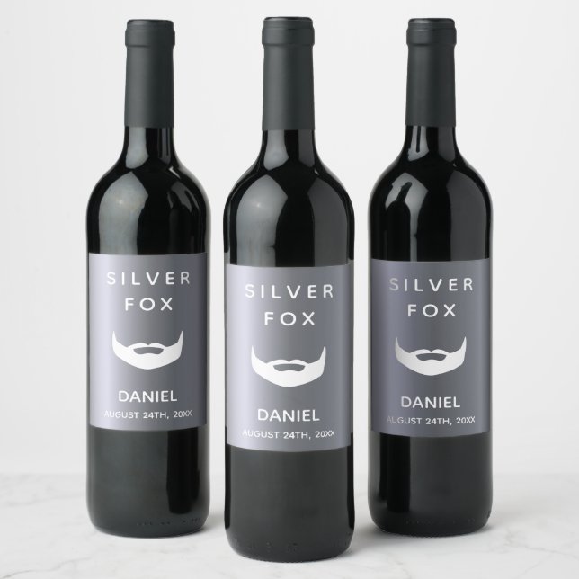 Silver fox birthday beard men guys grey trendy wine label (Bottles)