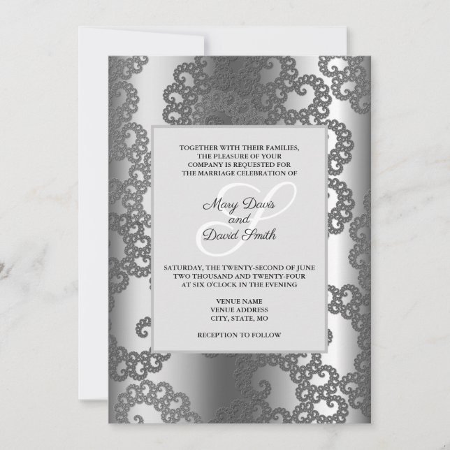 Silver Fractal Art Wedding Invitation (Front)