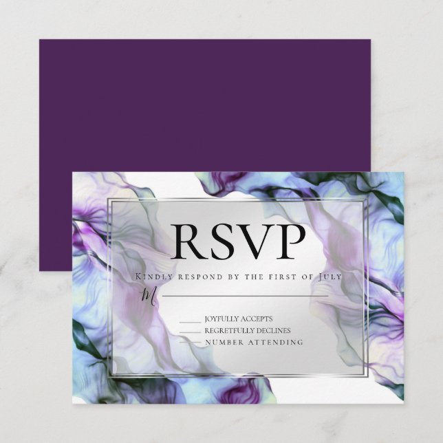 Silver Frame Abstract Plum Teal Flowing Ink Invitation (Front/Back)