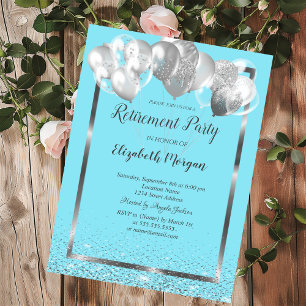 Silver Frame Balloons Light Blue Retirement  Invitation