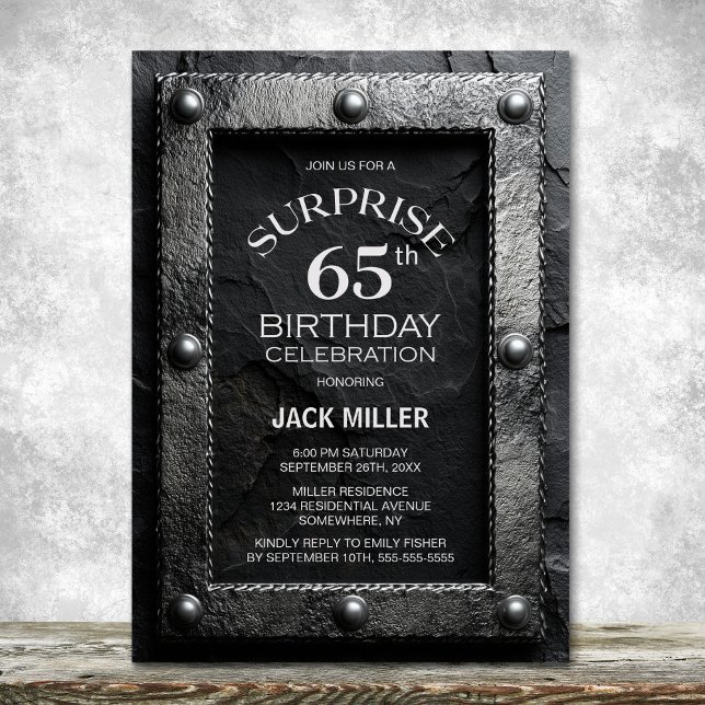 Silver Frame Black Slate Surprise 65th Birthday Invitation (Creator Uploaded)