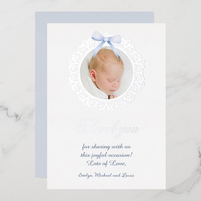 Silver Frame Blue Bow Baptism Foil Thank You Card (Front/Back)