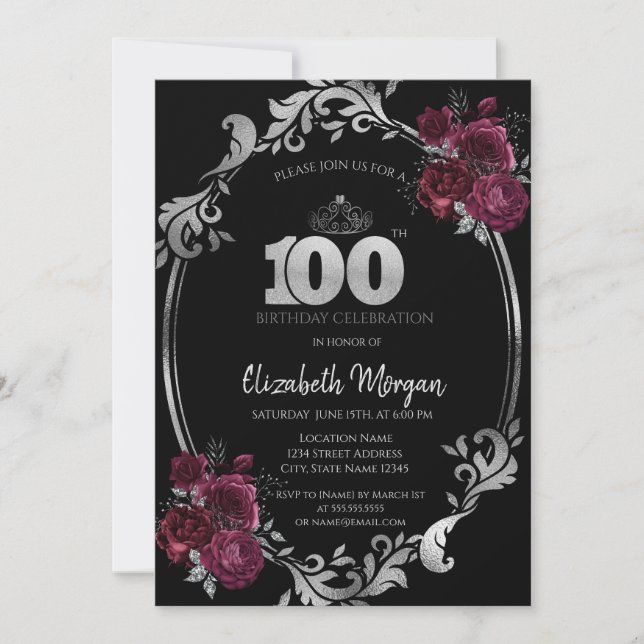 Silver Frame Burgundy Roses Black 100th Birthday Invitation (Front)