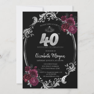 Silver Frame Burgundy Roses Black 40th Birthday Invitation