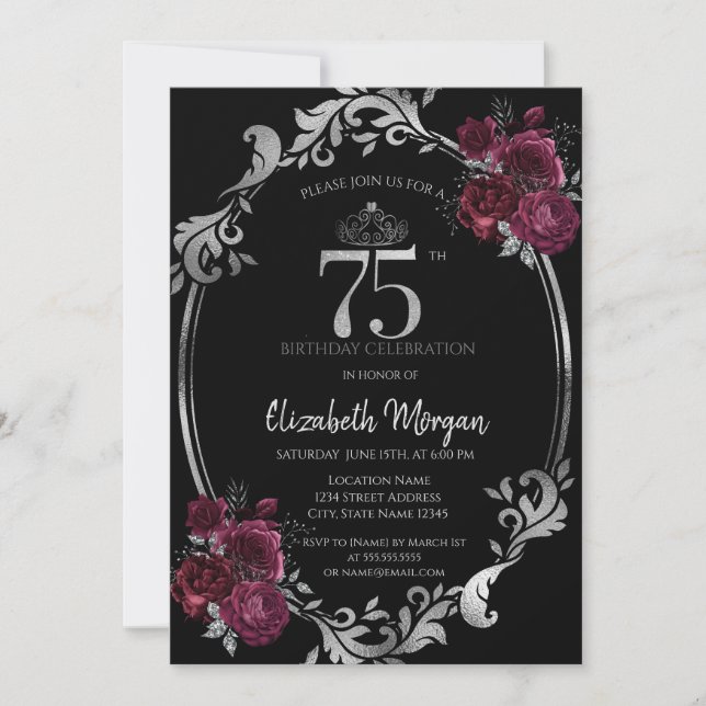 Silver Frame Burgundy Roses Black 75th Birthday Invitation (Front)