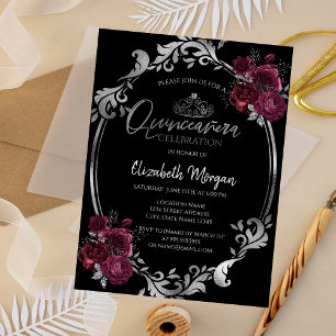 Silver Frame Burgundy Roses Black Quinceañera  Invitation