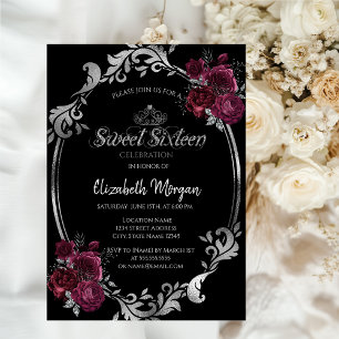 Silver Frame Burgundy Roses Black Sweet 16 Invitation