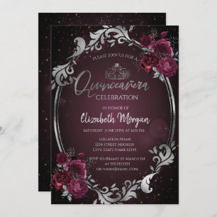 Silver Frame Burgundy Roses Dark Quinceañera  Invitation