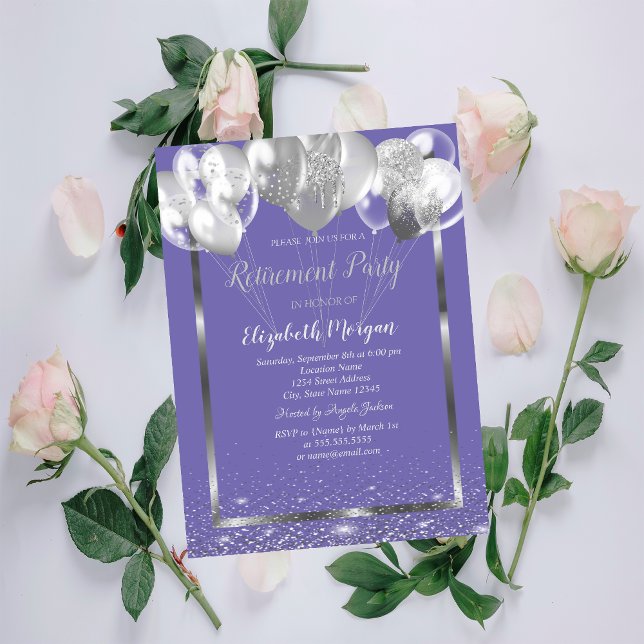 Silver Frame Confetti Balloons Violet Retirement  Invitation (Creator Uploaded)