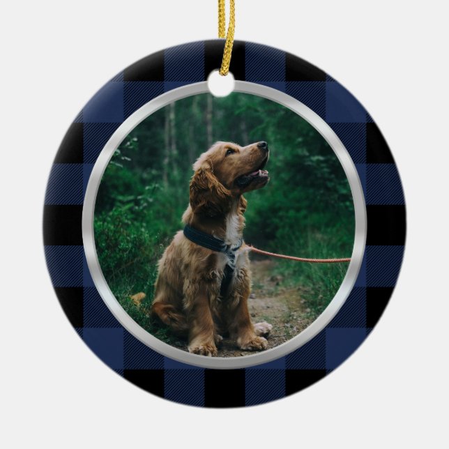Silver Frame Dog Photo Navy Blue Plaid Tartan Ceramic Ornament (Front)